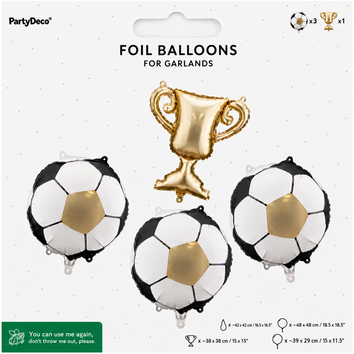 Verpakking van PartyDeco folieballonnen voor slingers, met afbeeldingen van drie voetbalballonnen en één gouden trofee.