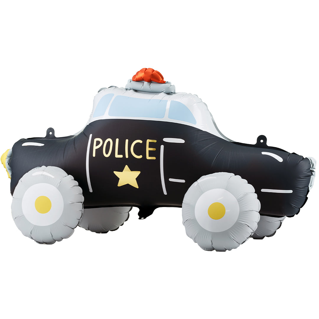 Partydeco folieballon in de vorm van een zwarte politieauto met 'POLICE' tekst, een ster en een rode sirene.