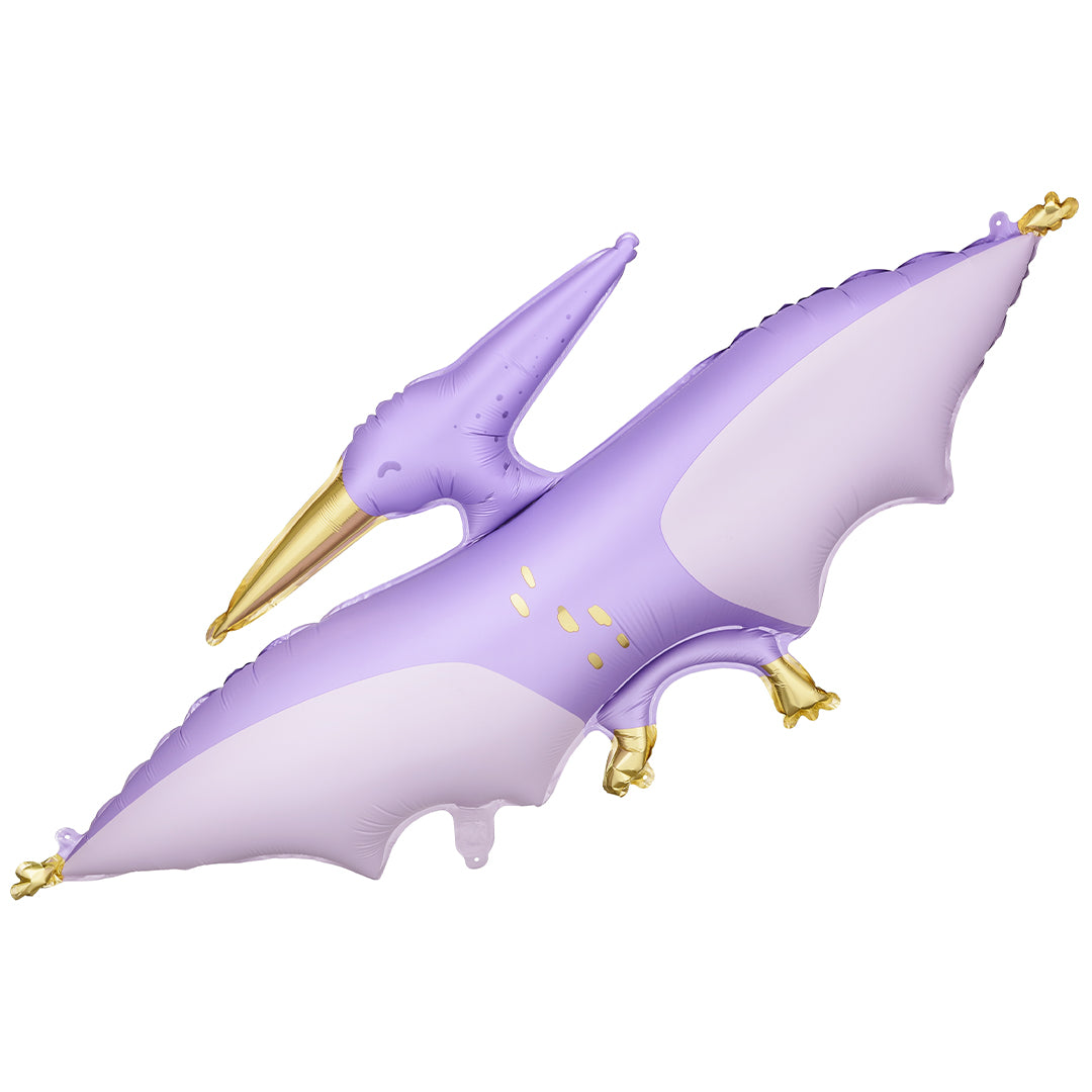 Partydeco paarse en gouden folieballon in de vorm van een pterodactyl.
