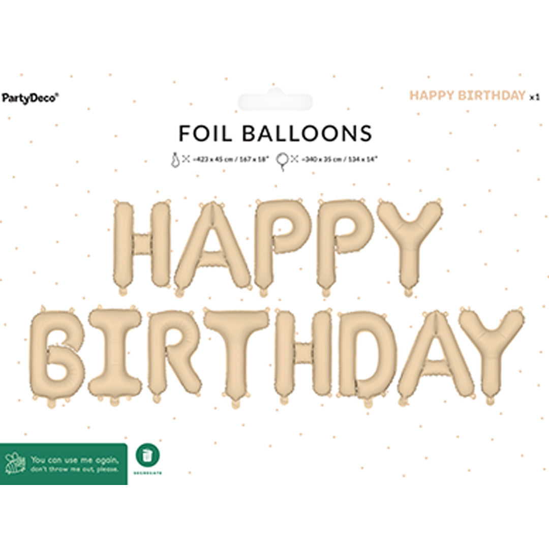 Verpakking van de PartyDeco beige folieballonnen met de tekst 'HAPPY BIRTHDAY'.