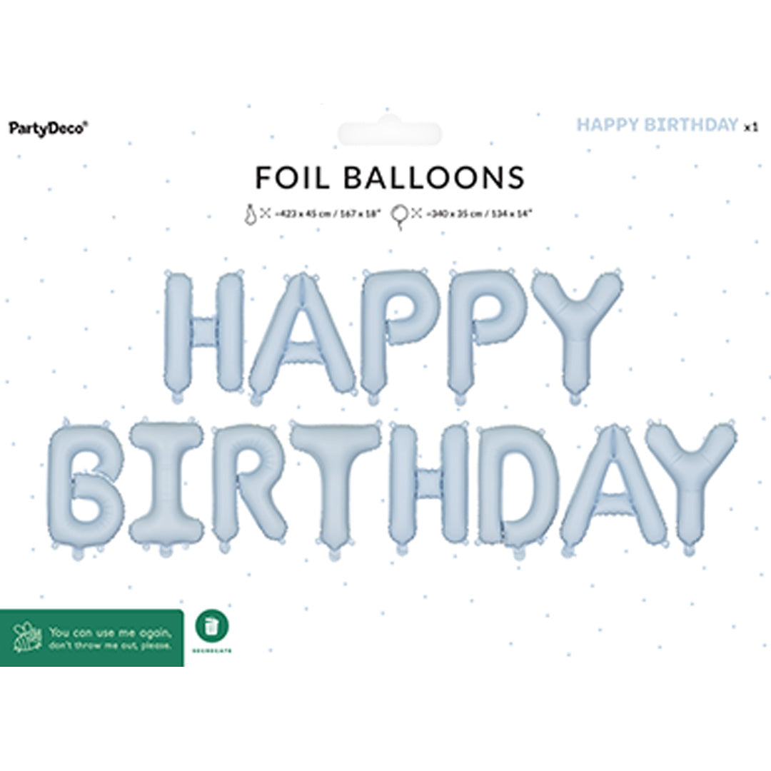 Verpakking van de PartyDeco blauwe folieballonnen met de tekst 'HAPPY BIRTHDAY'.