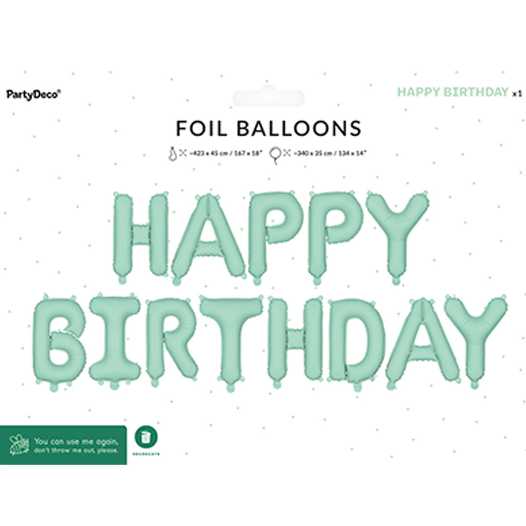 Verpakking van de PartyDeco folieballonset met de tekst 'HAPPY BIRTHDAY'.
