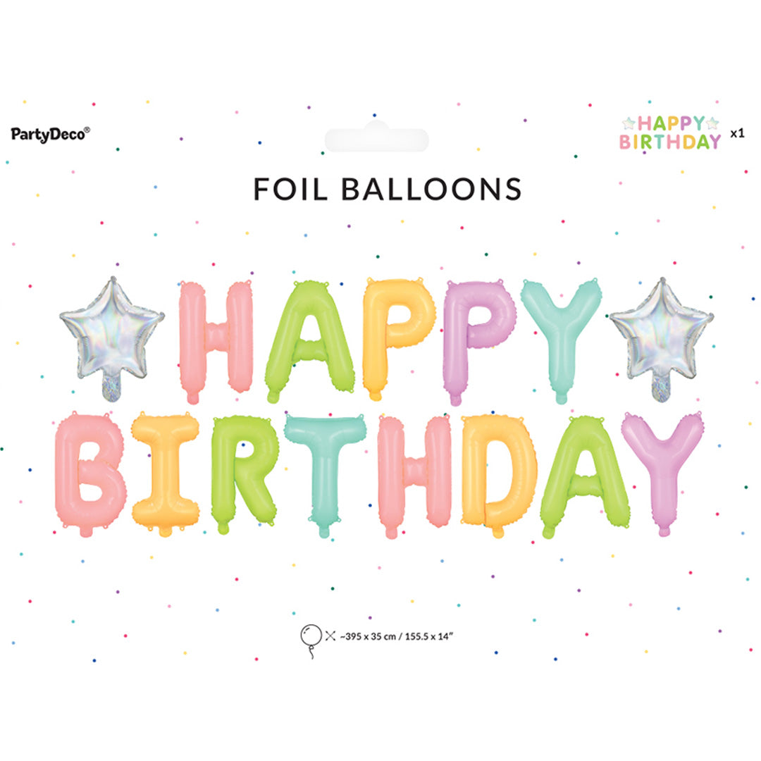 Verpakking van de PartyDeco folieballonnenset 'Happy Birthday' met veelkleurige letters en sterren.