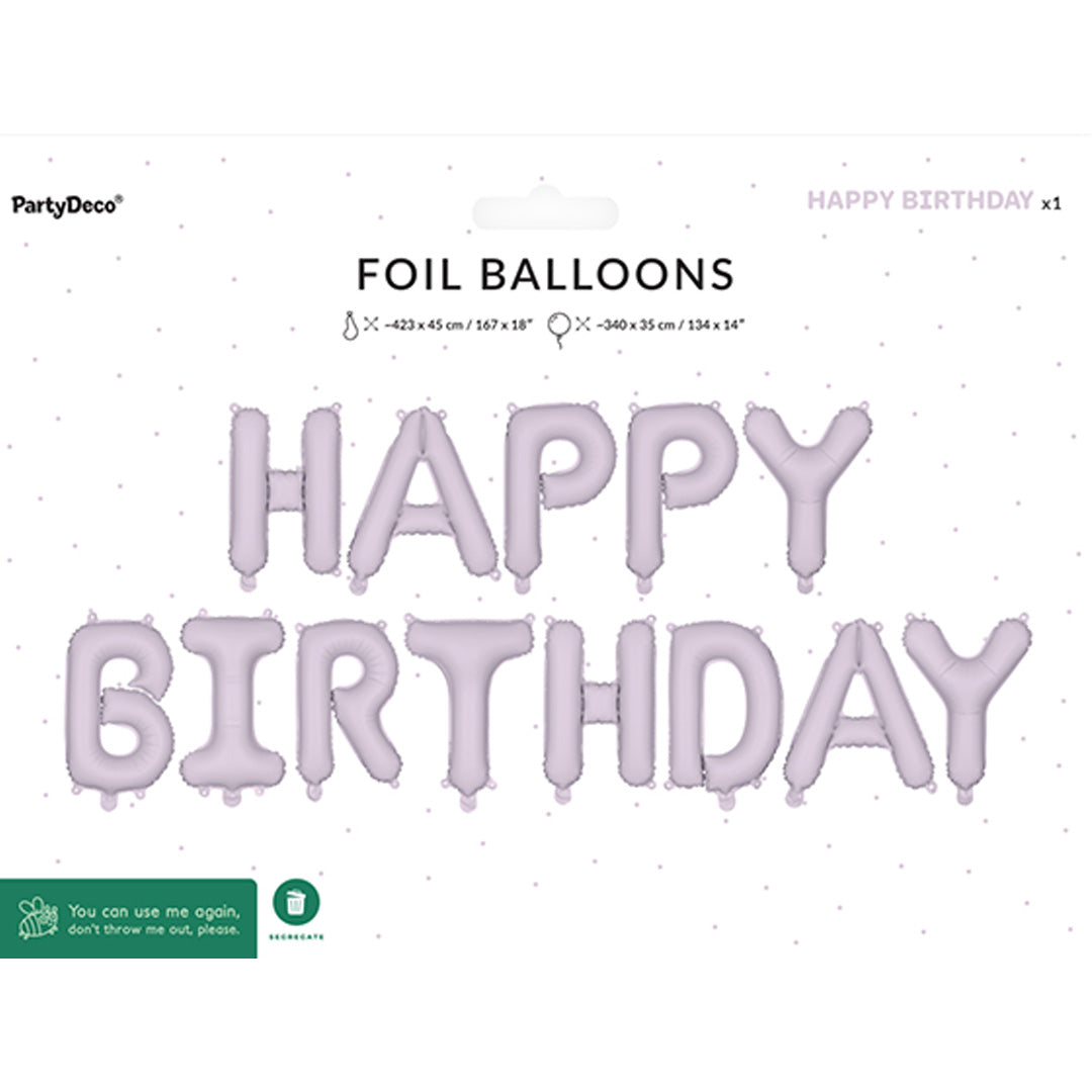 Verpakking van de PartyDeco folieballonset met de tekst 'HAPPY BIRTHDAY' in paars.