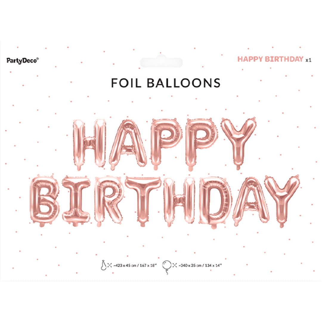 De verpakking van de PartyDeco roségouden folieballonnenset met de tekst 'HAPPY BIRTHDAY'.