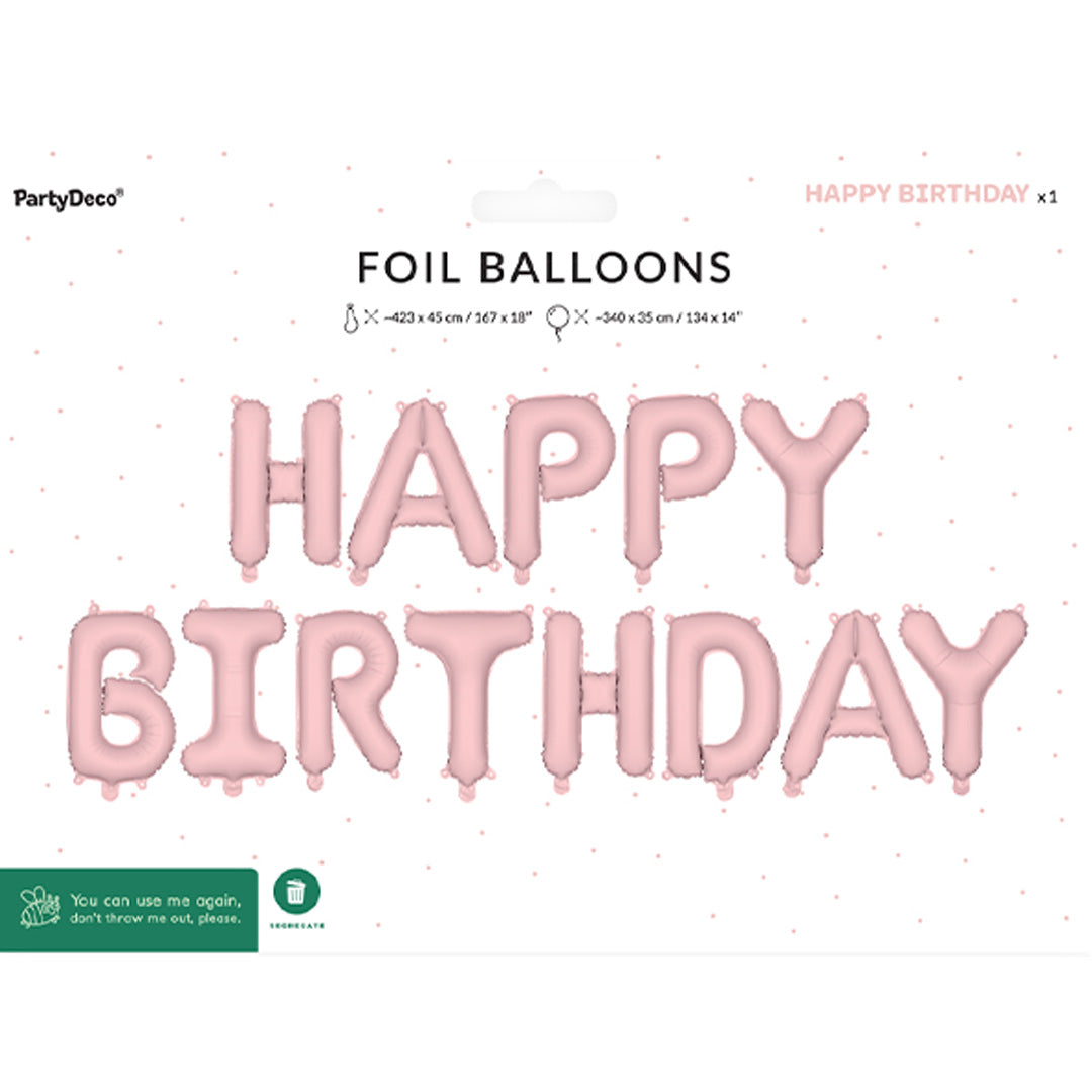 De verpakking van de PartyDeco roze folieballonnen die 'HAPPY BIRTHDAY' spellen.