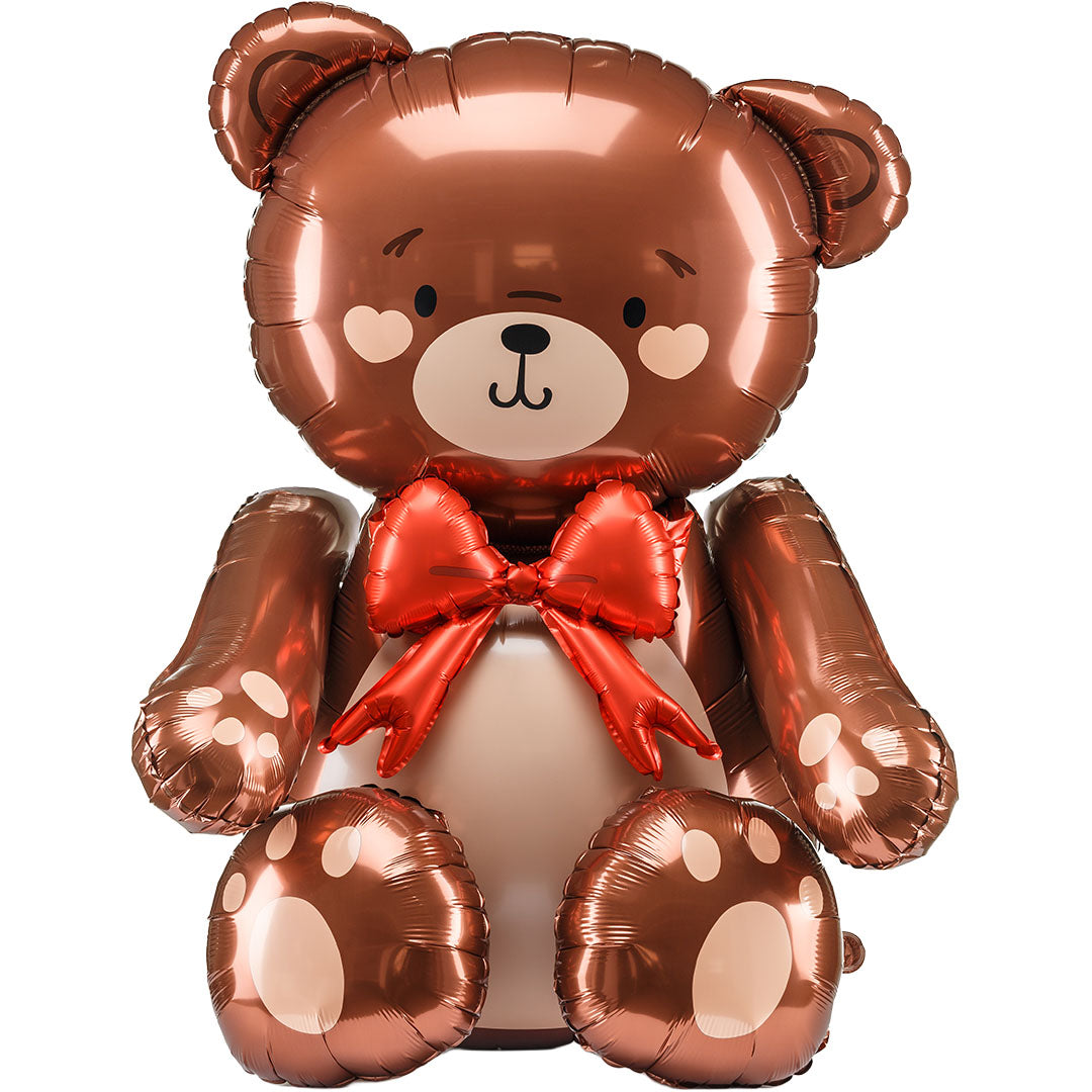 Partydeco folieballon in de vorm van een bruine teddybeer met rode strik.