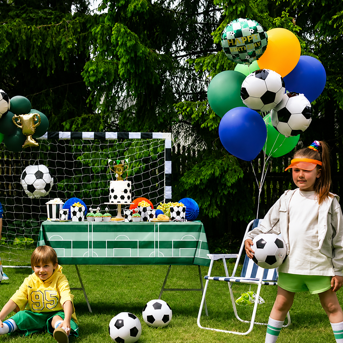 Een meisje houdt een Partydeco voetbal folieballon vast op een voetbalthema kinderfeestje in de tuin.