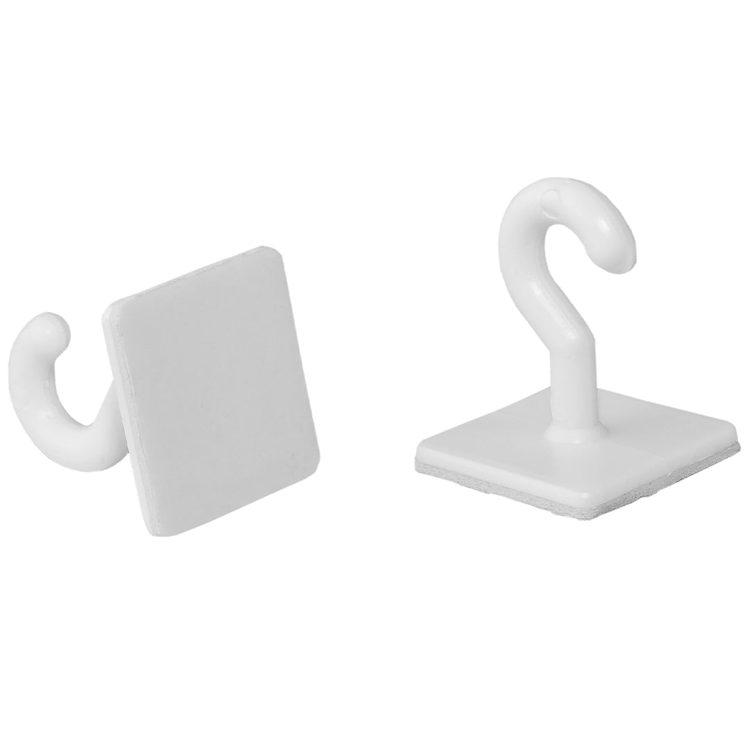 Partydeco zelfklevende haakjes, twee witte plastic haken met een plakrand.