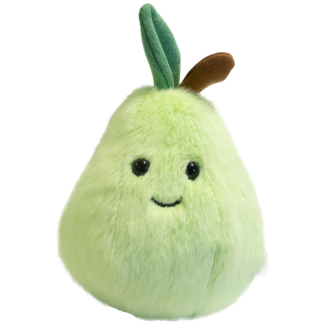 Wild & soft pluchen knuffelpeer met een lachend gezichtje en groene blaadjes.