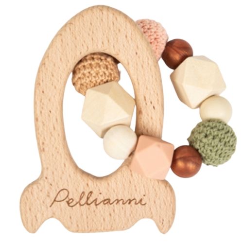 Pellianni houten rammelaar-bijtring in de vorm van een raket met veelkleurige kralen.