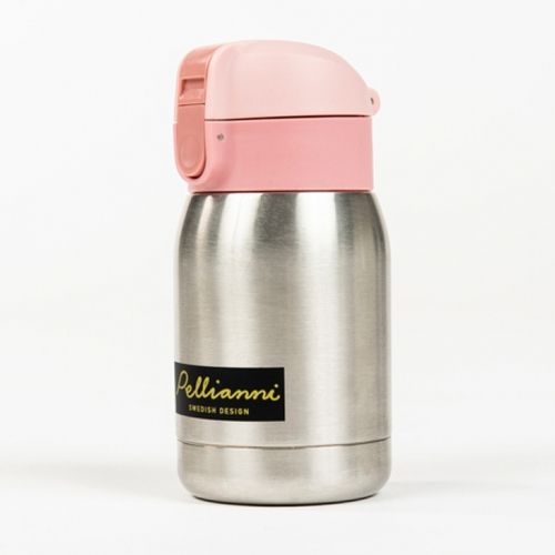 Pellianni roestvrijstalen thermosfles met een roze dop en het merklogo op de zijkant.