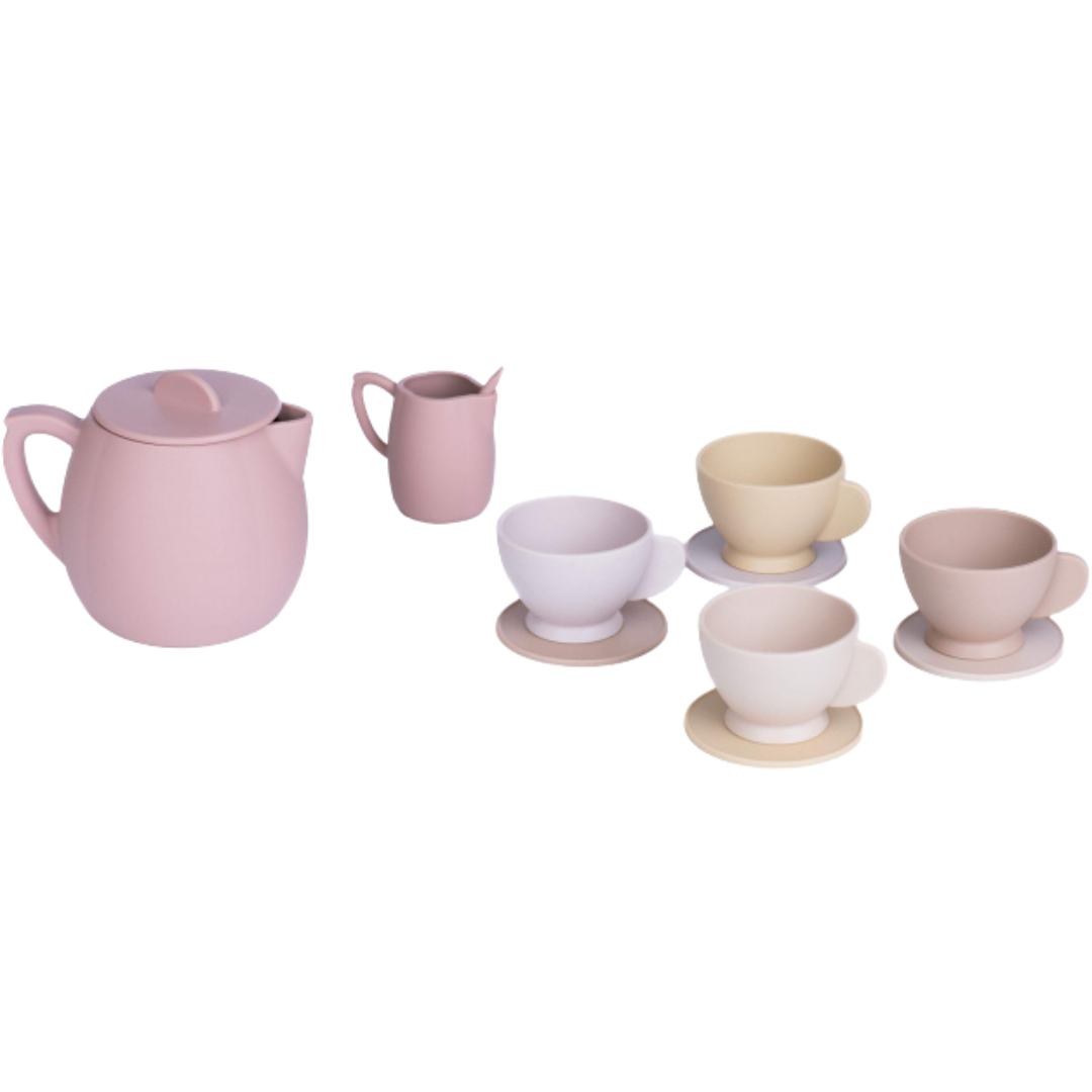 Pellianni siliconen theeservies met roze theepot, melkkannetje en vier kopjes met schotels in pastelkleuren.