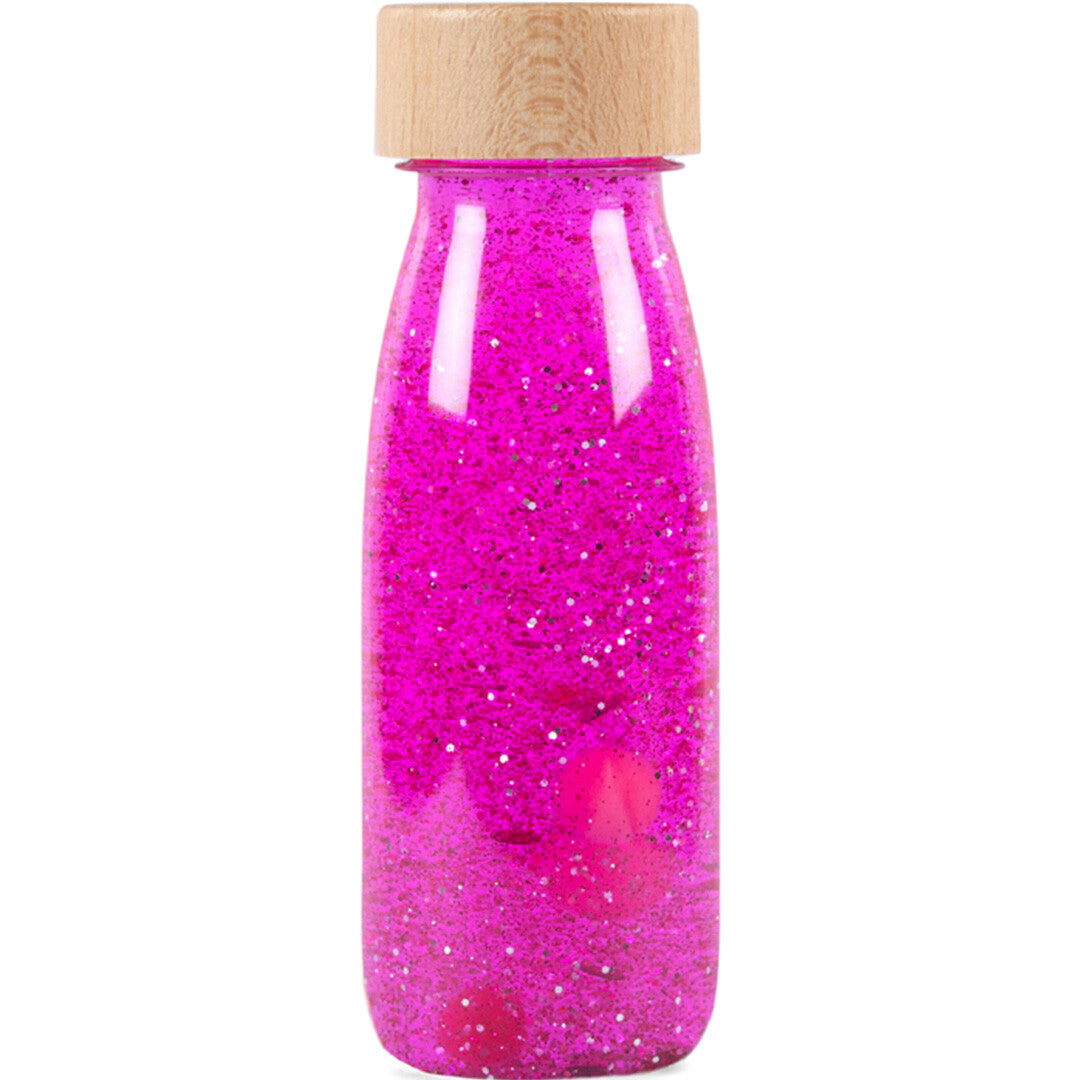 Petit boum roze sensorische fles met glitter en houten dop.