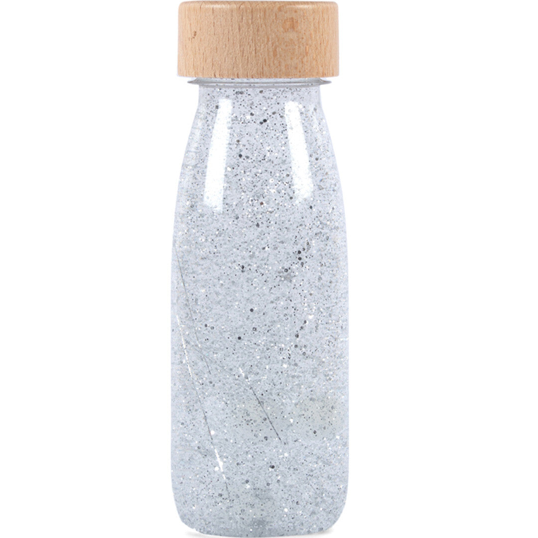 Petit Boum sensorische fles met zilveren glitters en een houten dop.