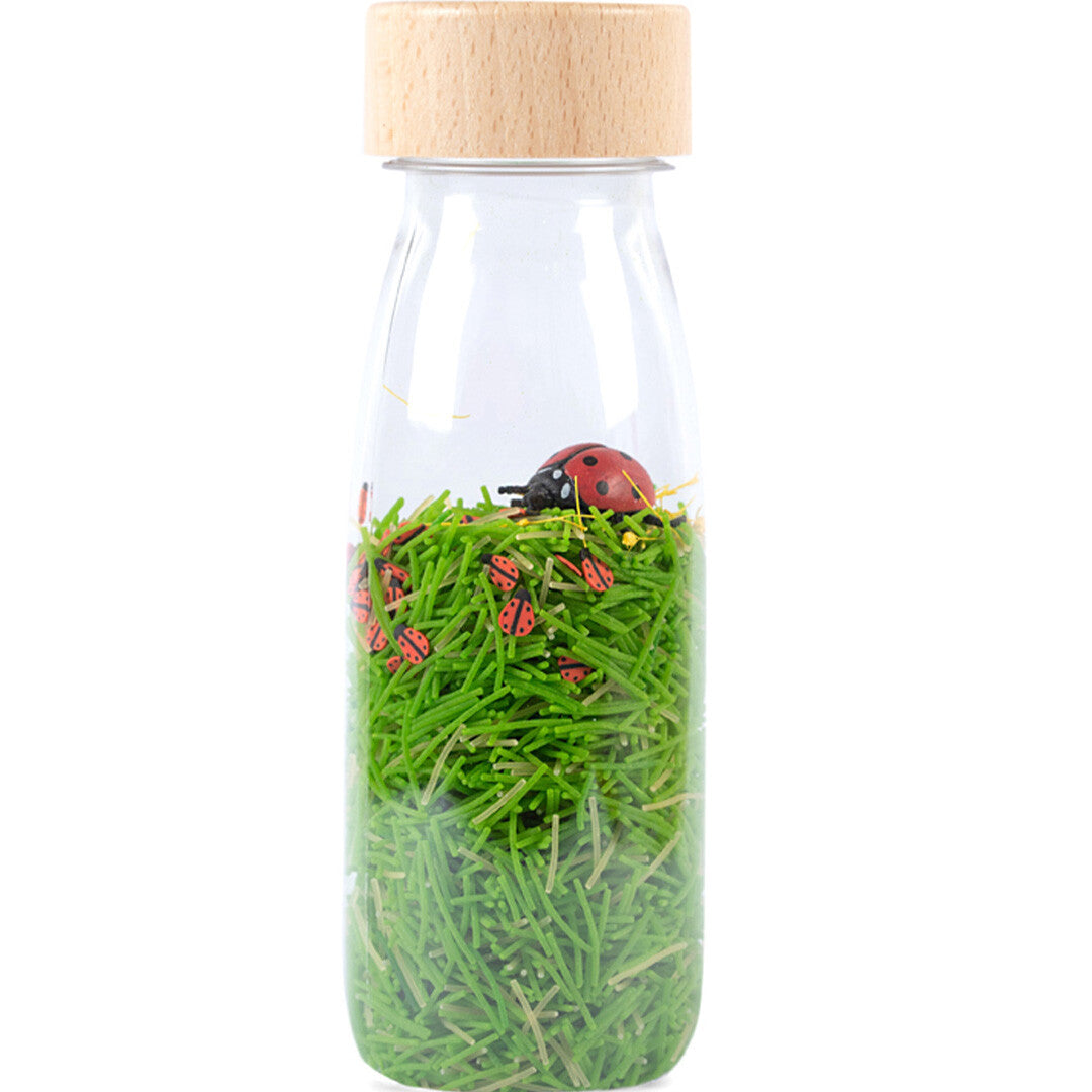 Petit Boum sensorische fles met groene 'gras' vulling en lieveheersbeestjes.