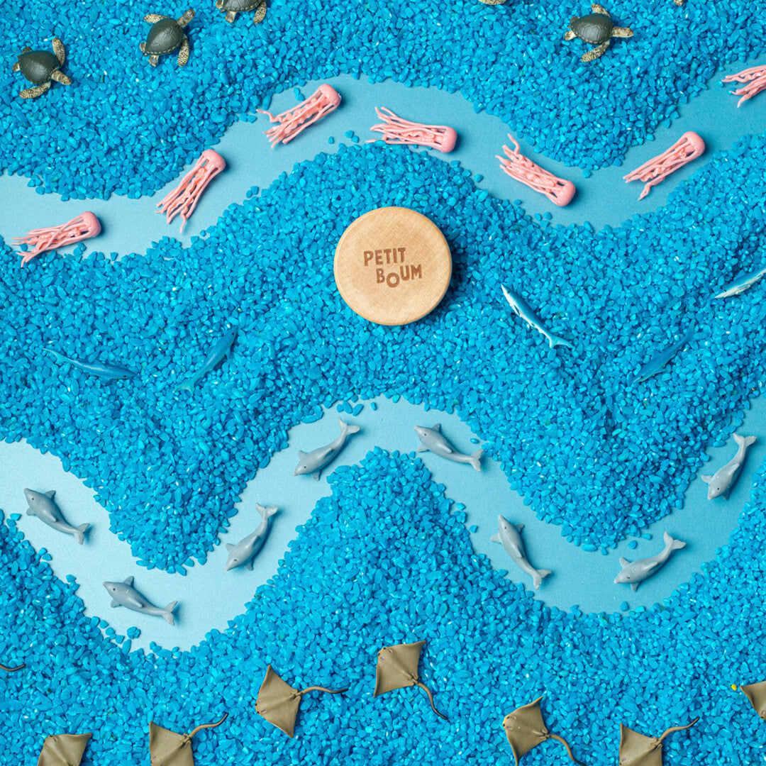 Petit Boum sensorisch speelgoed met blauwe steentjes, zeedieren en een houten dop.