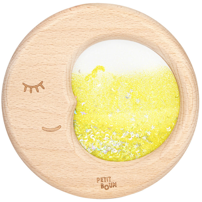 Petit Boum houten sensorische maan met gele glitter en sterren.