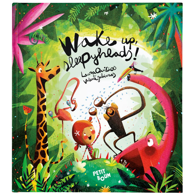Petit Boum kinderboek 'Wake up, Sleepyheads!' met een kleurrijke illustratie van jungle dieren en een kind op de voorkant.
