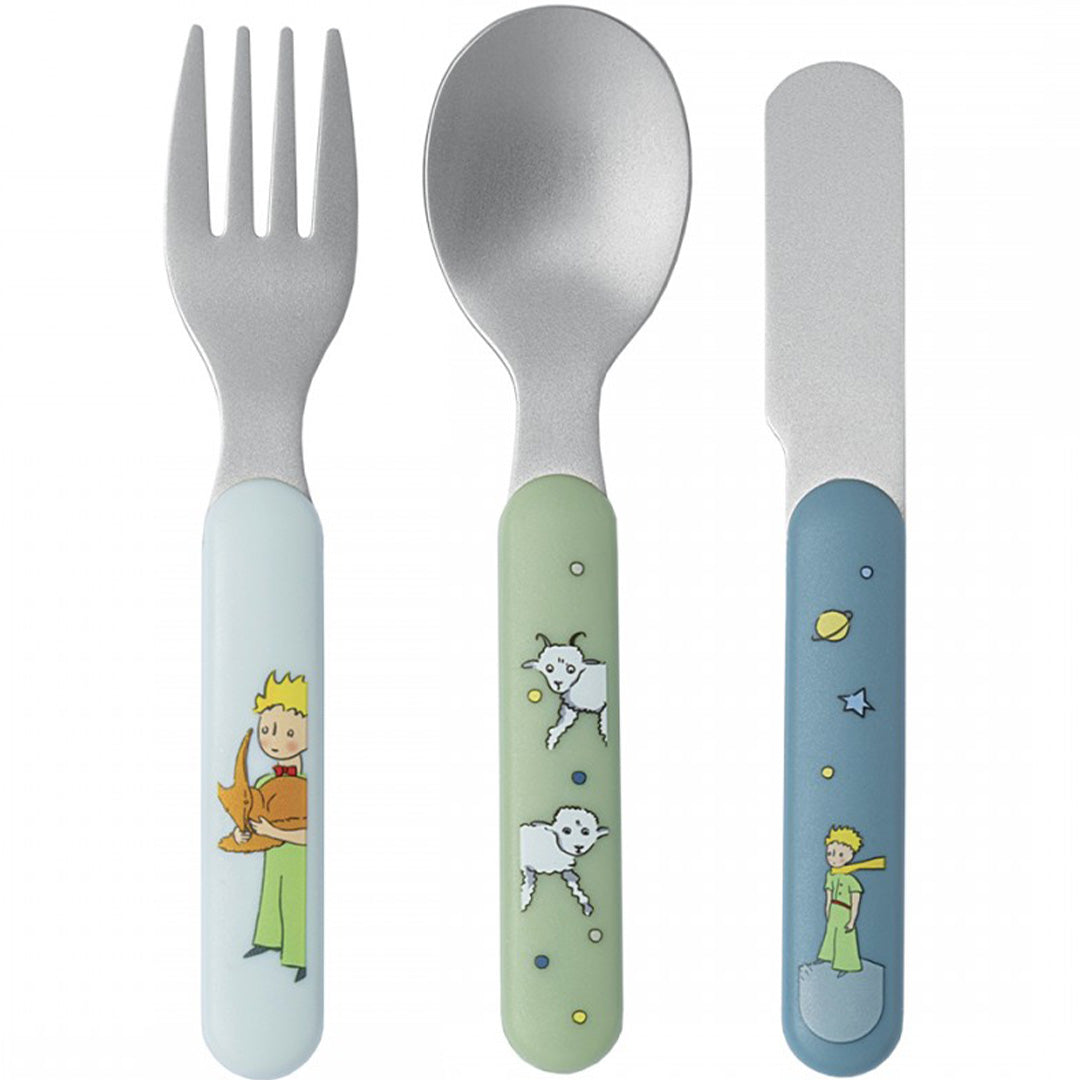 petit jour bestekset voor baby's en peuters met een vork, lepel en mes met handvatten in het thema De Kleine Prins.