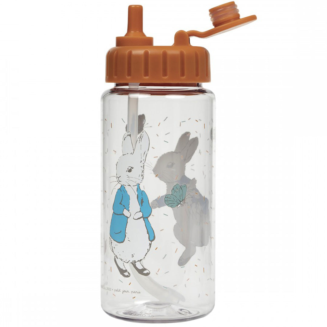 petit jour drinkfles met open bruine dop en Pieter Konijn illustratie.
