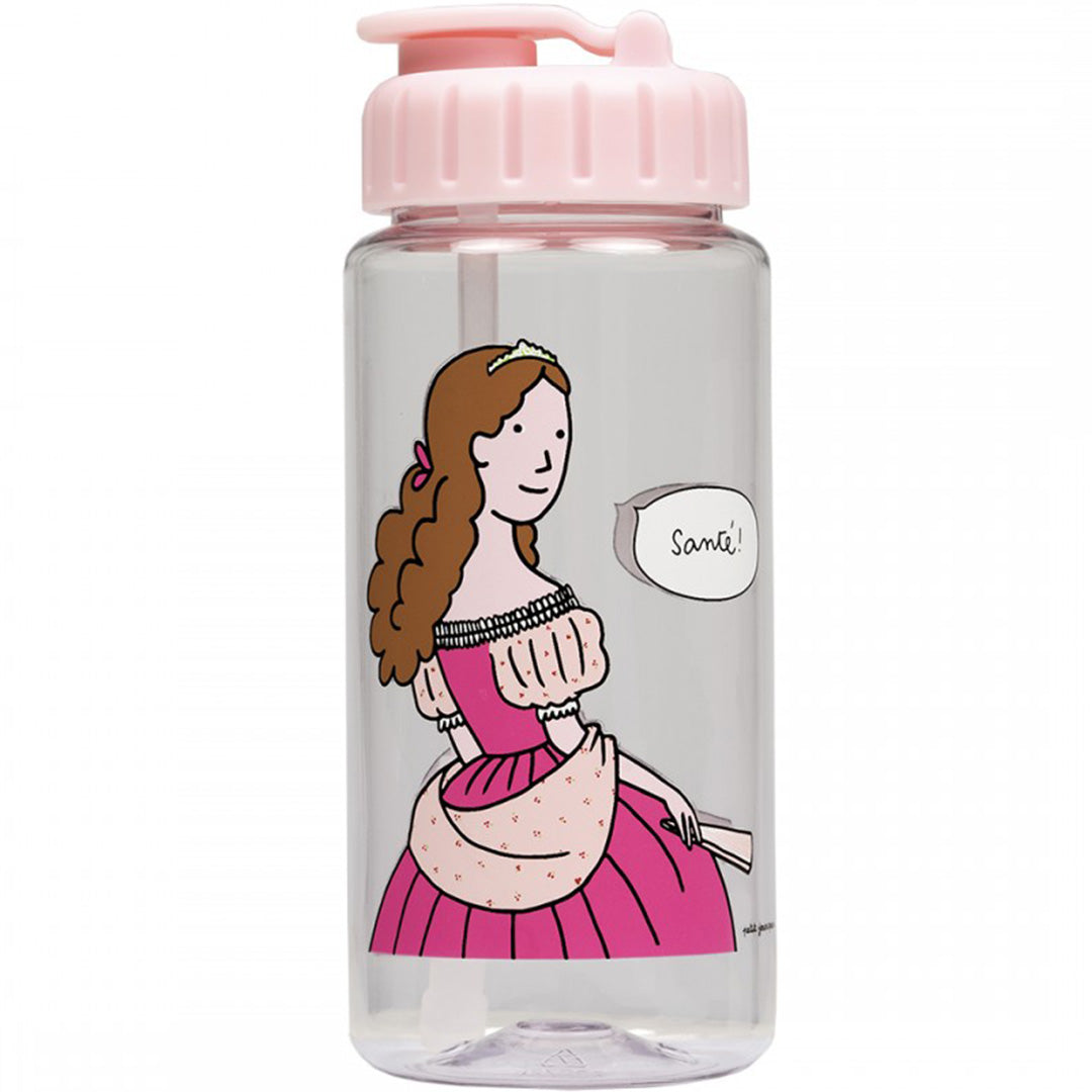 petit jour kinderdrinkfles met roze dop en een tekening van een prinses in een roze jurk met een kroon en de tekst 'Santé!'.