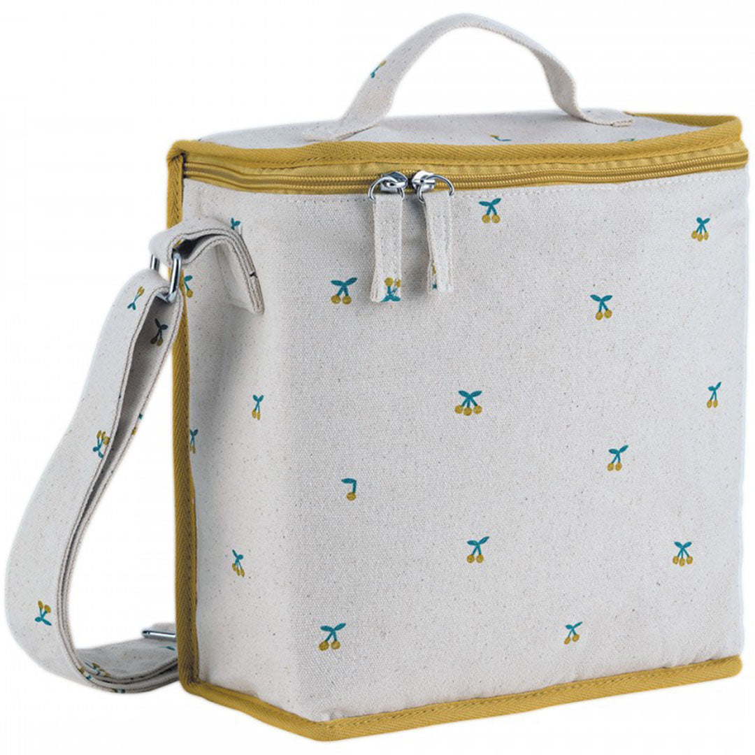 petit jour beige geïsoleerde koeltas met gele kersenprint en schouderband.