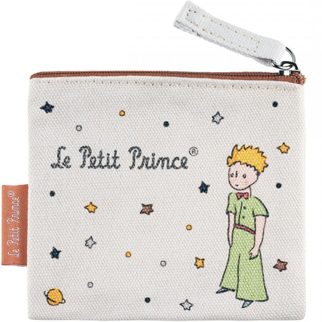 petit jour kinderportemonnee met Le Petit Prince figuur en sterren op een beige achtergrond.