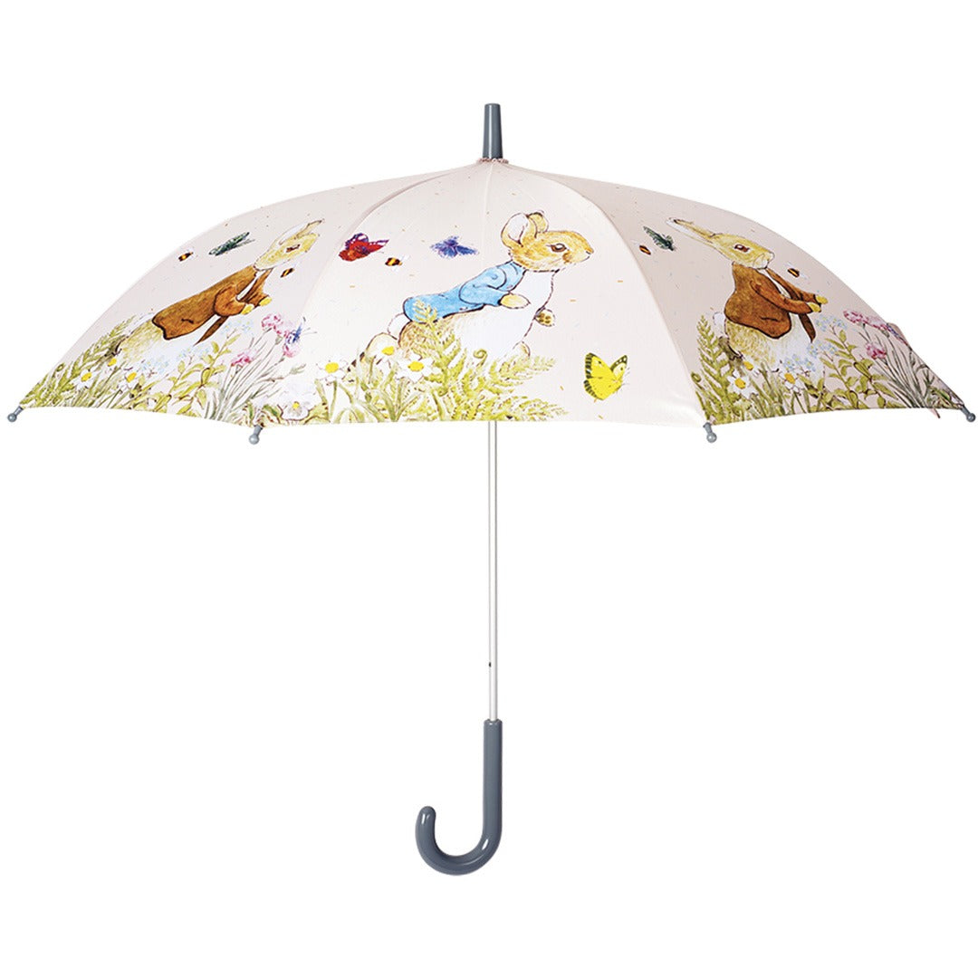 Petit Jour paraplu met beige afdak en illustraties van Pieter Konijn, bloemen en vlinders.