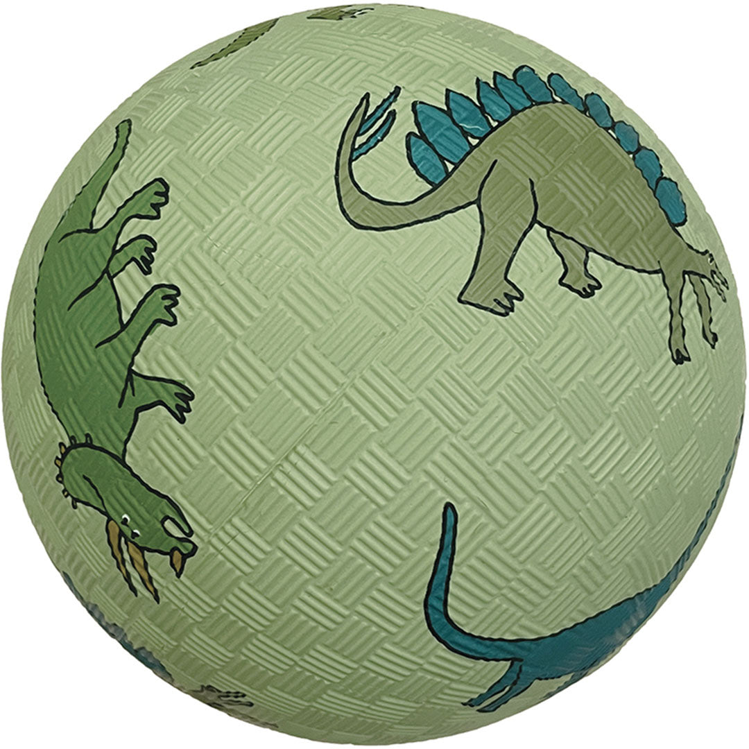 Petit Jour groene rubberen speelbal met dinosauruspatroon.