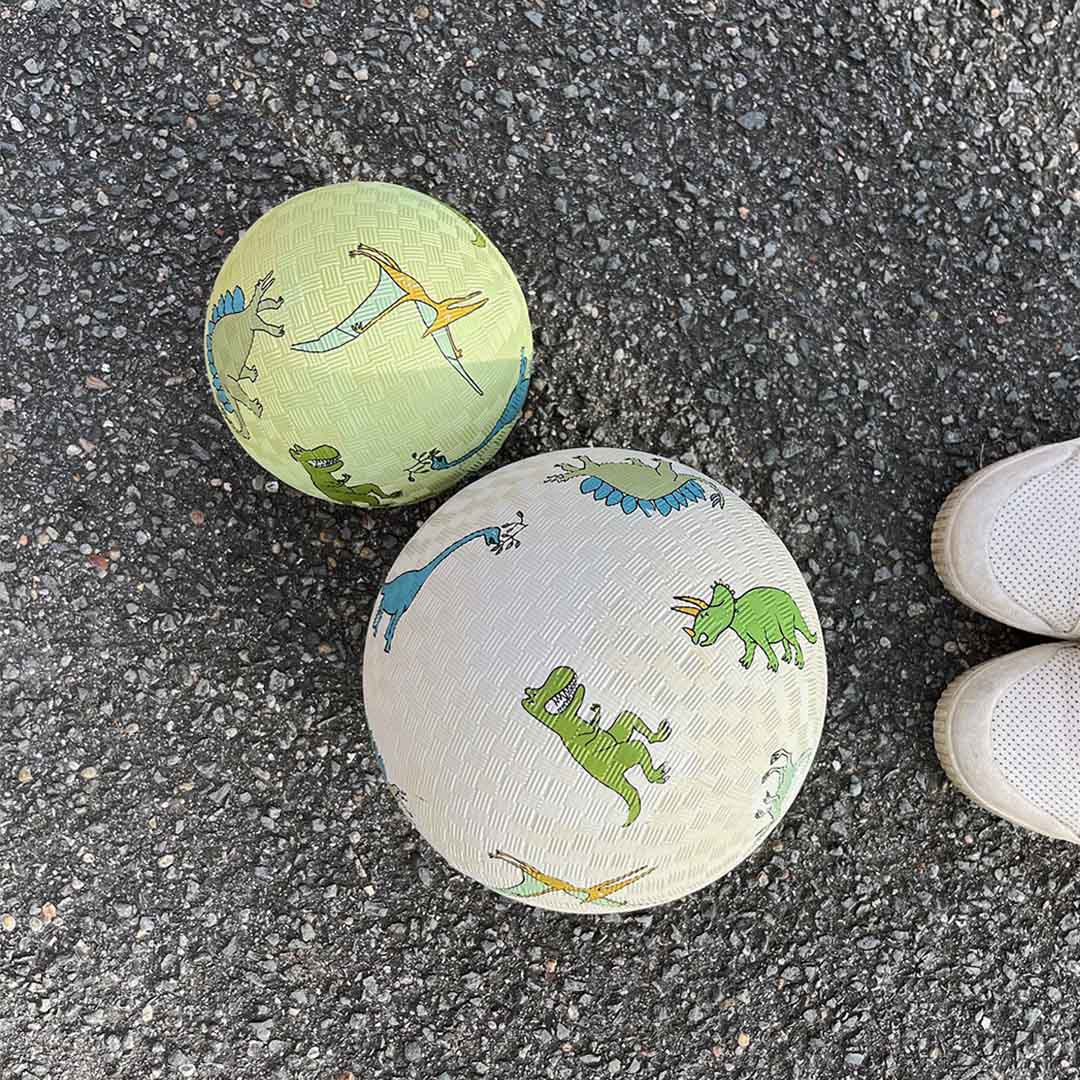 Twee Petit Jour speelballen met dinosaurusprint liggen op asfalt naast witte sneakers.