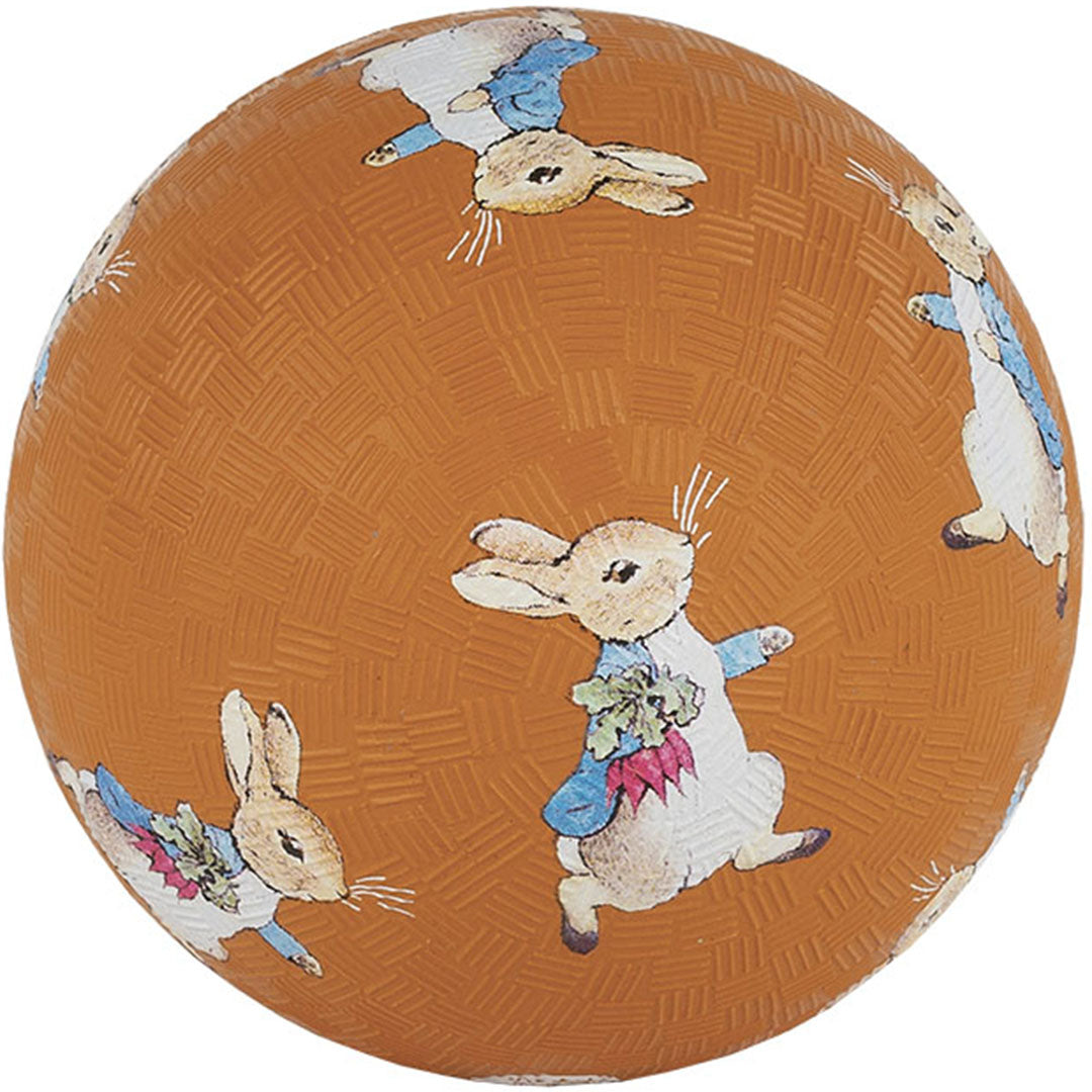 Petit Jour oranje rubberen speelbal met textuur en illustraties van Pieter Konijn.