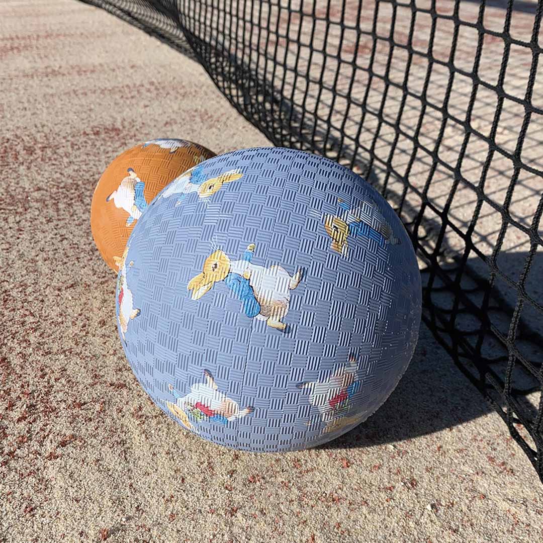 Twee Petit Jour rubberen speelballen, een oranje met Pieter Konijn en een blauwe met figuren, liggen naast een net.