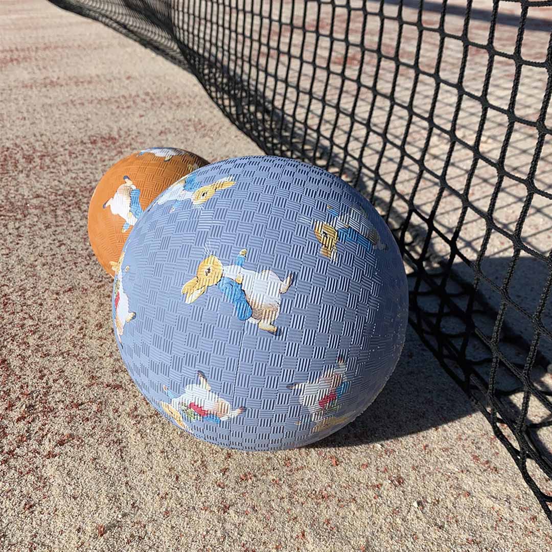 Twee Petit Jour speelballen, een blauwe met Pieter Konijn en een oranje, liggen op een sportveld bij een net.