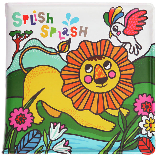 Petit Monkey badboekje met kleurrijke illustratie van een leeuw, vogel en bloemen, met de tekst 'Splish Splash'.
