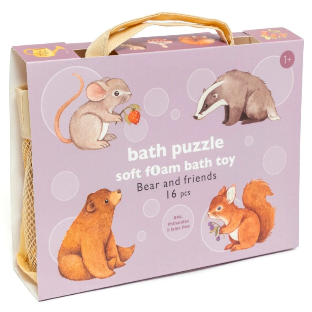 Petit Monkey badpuzzel 'Bear and friends' verpakking met illustraties van een muis, das, beer en eekhoorn.