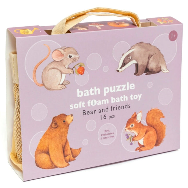 Petit Monkey badpuzzel 'Bear and friends' verpakking met illustraties van een muis, das, beer en eekhoorn.