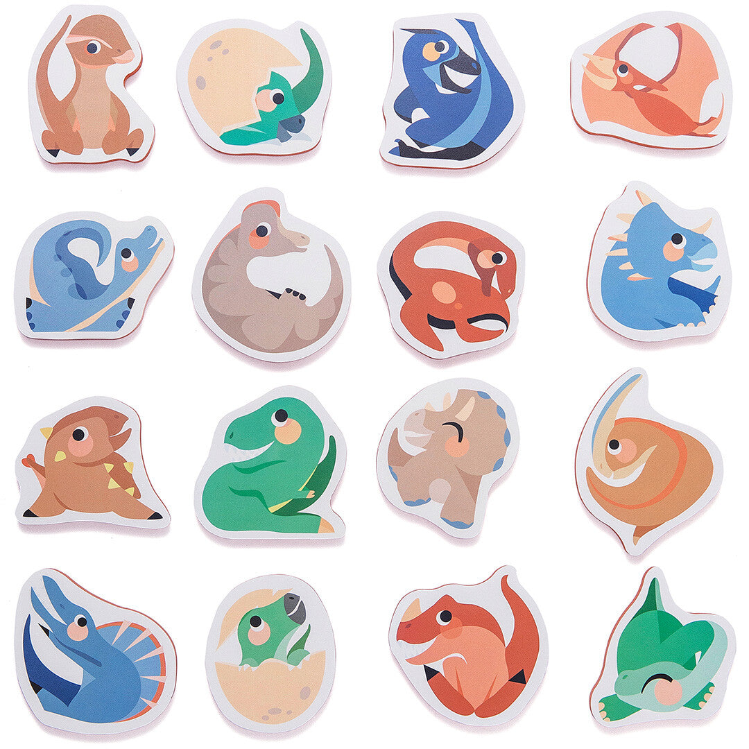 Een collectie van 16 kleurrijke petit monkey schuim badfiguren in de vorm van verschillende dinosaurussen.