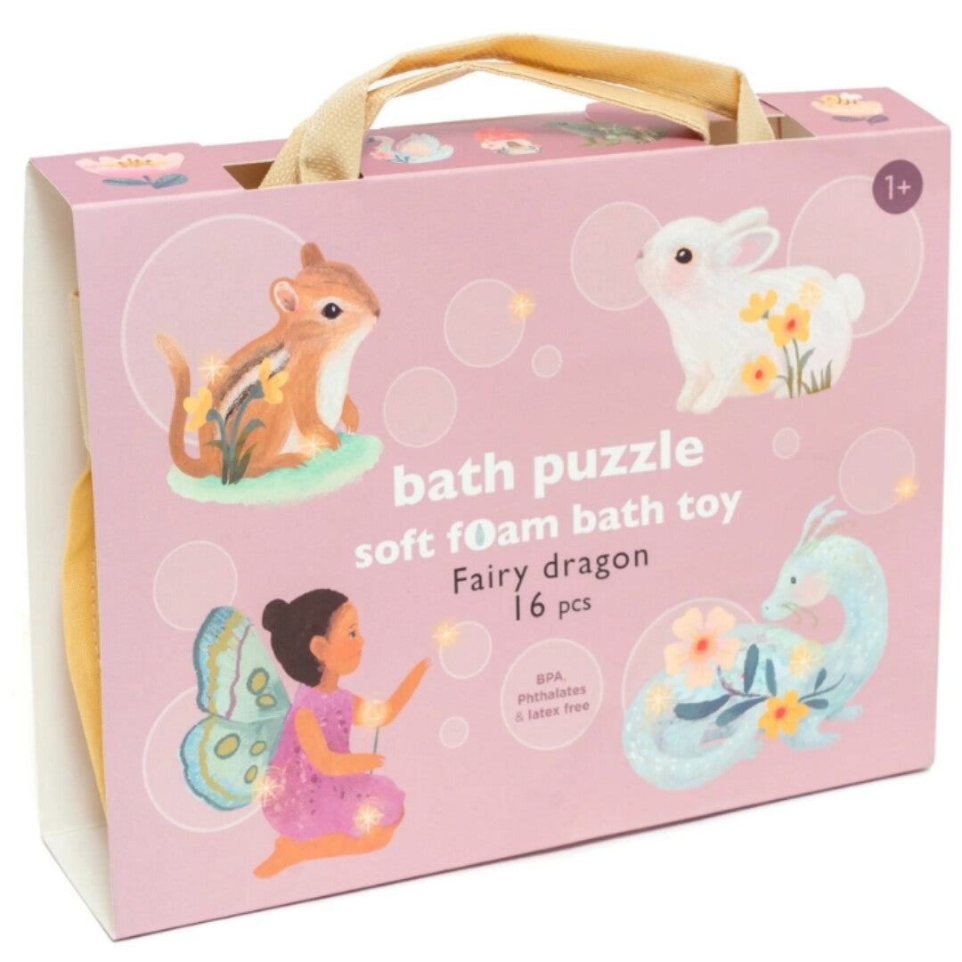 De voorkant van de Petit Monkey badpuzzel verpakking met een eekhoorn, konijn, elfje en draak.