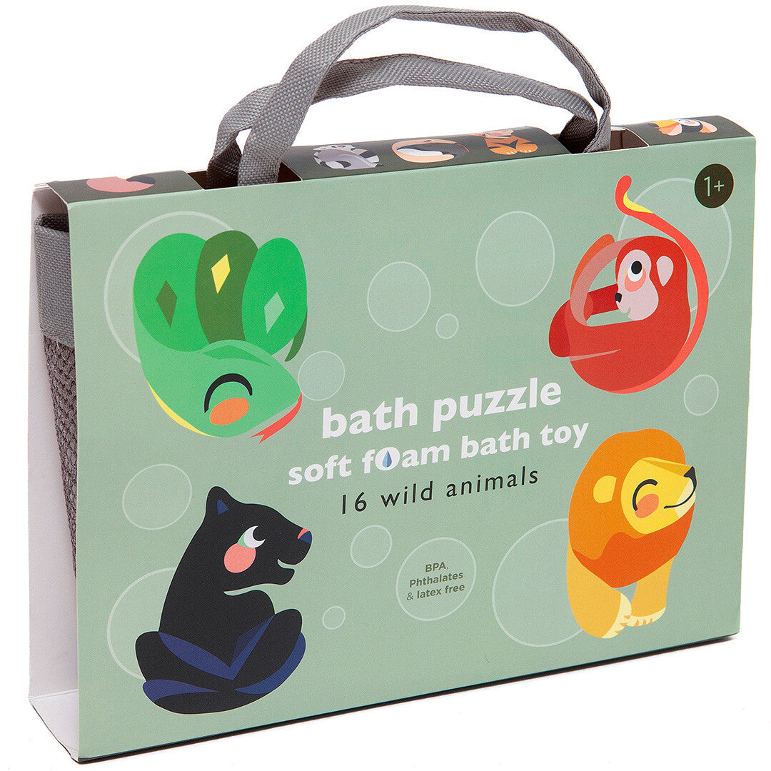 De verpakking van de Petit Monkey badfiguren met illustraties van wilde dieren en productinformatie.