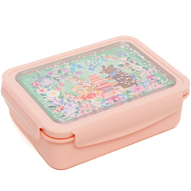 Petit Monkey roze bento kinderbroodtrommel met dieren picknick en bloemenpatroon op de deksel.