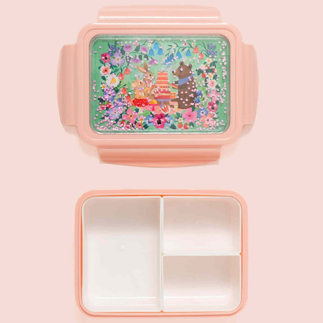Petit Monkey roze bento kinderbroodtrommel met dieren picknick deksel en drie compartimenten in de open bak.