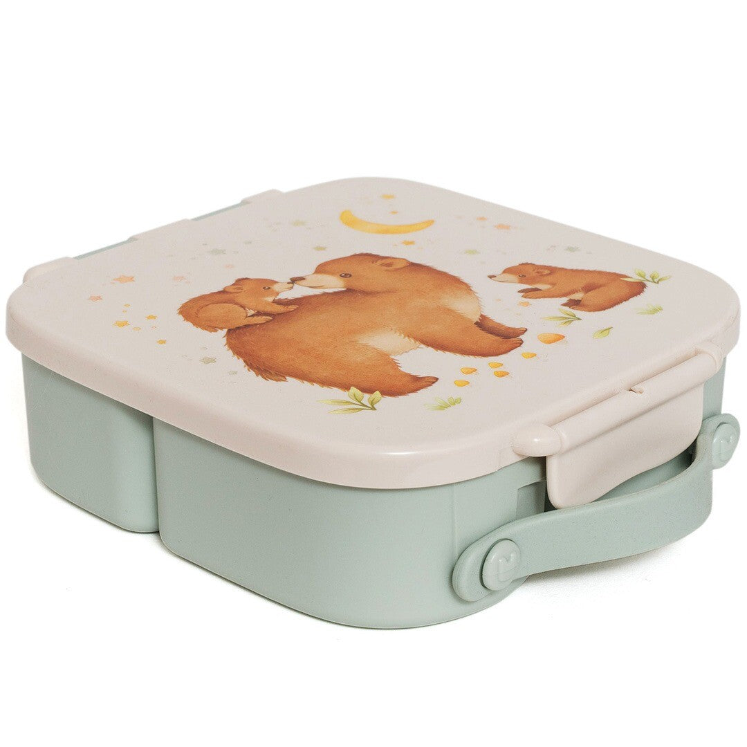 Petit Monkey broodtrommel met beren en sterren thema, schuin van bovenaf.
