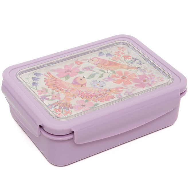Petit Monkey paarse broodtrommel met deksel met vogels en bloemen.
