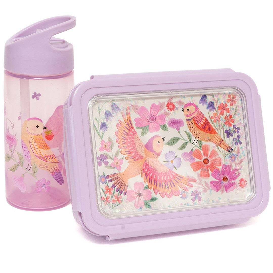 Petit Monkey paarse broodtrommel en bijpassende drinkfles met vogels en bloemen.