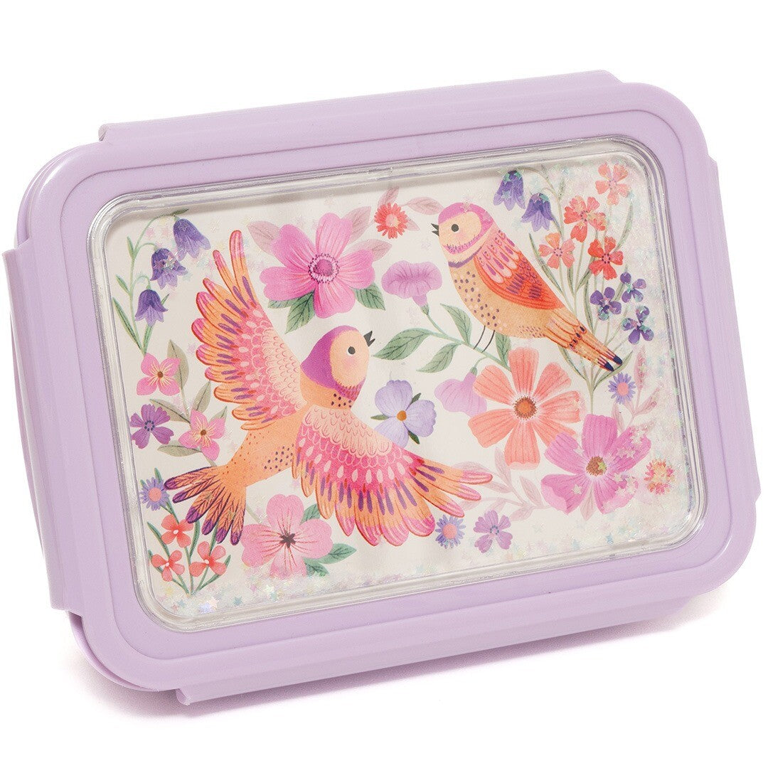 Detail van de deksel van de Petit Monkey paarse broodtrommel met een patroon van vogels en bloemen.