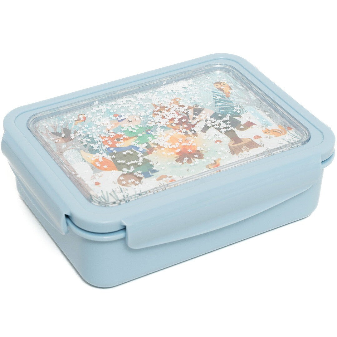 Petit Monkey blauwe bento broodtrommel voor kinderen met een deksel met bonfire animals thema en glitter.