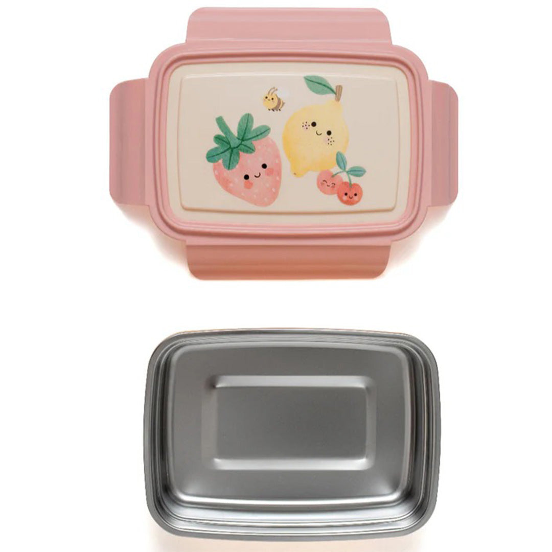 Bovenaanzicht van de deksel van de petit monkey bento broodtrommel met fruitfiguren en de losse roestvrijstalen binnenbak.