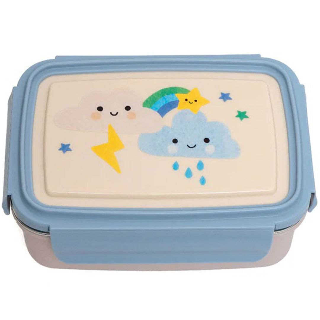 petit monkey bento broodtrommel met blauwe rand en deksel met vrolijke wolken, regenboog en sterren.
