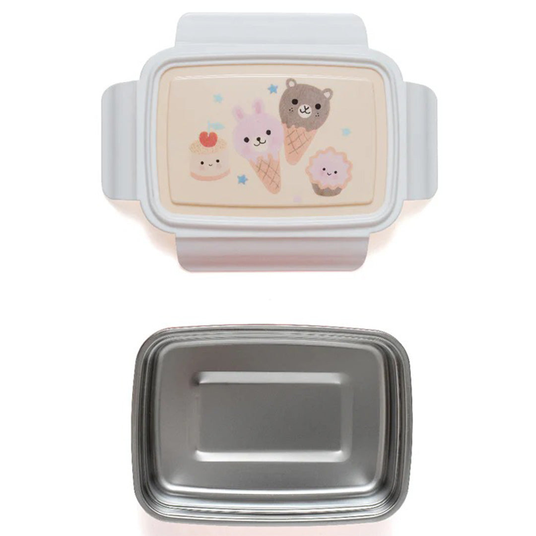De petit monkey bento broodtrommel van bovenaf, met de deksel en de losse roestvrijstalen binnenbak.